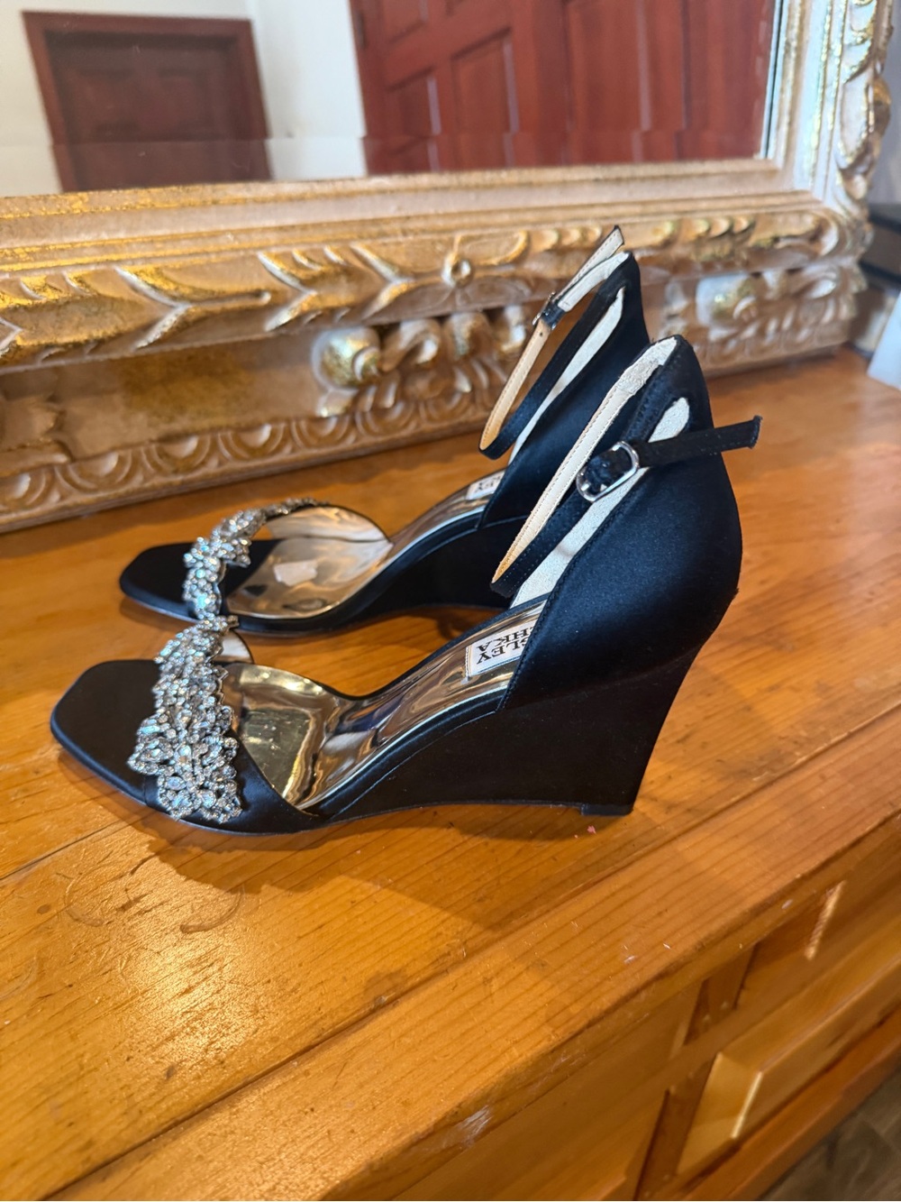 Badgley Mischka Black Satin Wedges with Crystal Embellishment